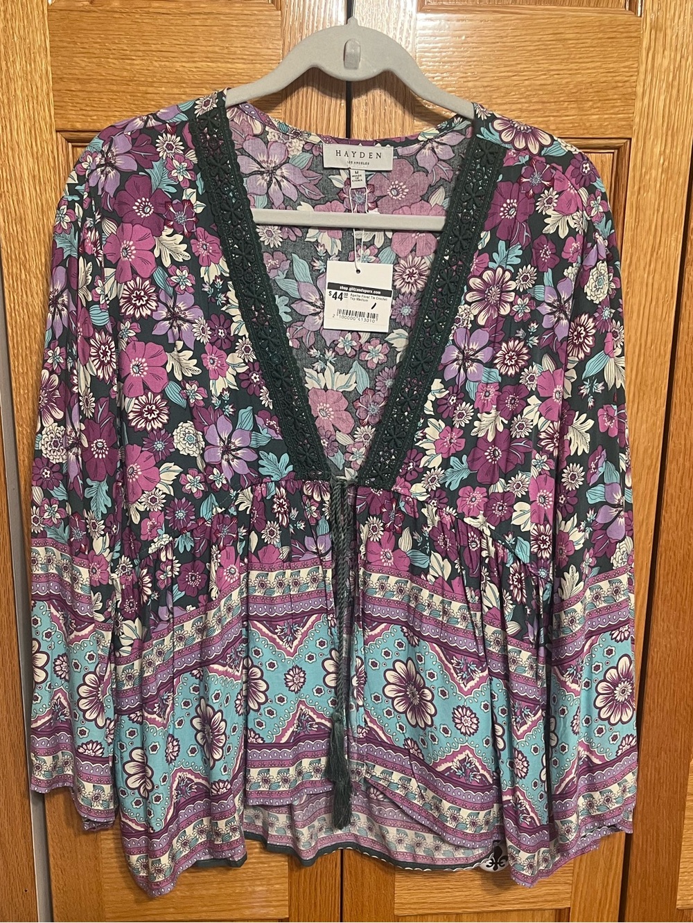 Hayden Floral Boho Peasant Top in Purple & Teal Size Large NWT